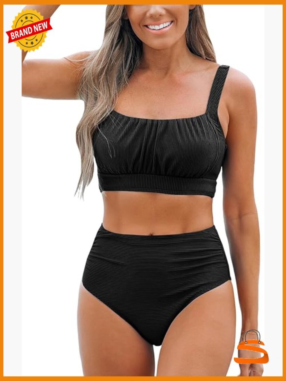 High Waisted Square Neck Bikini Set Adjustable Straps Ruched Two Piece Swim